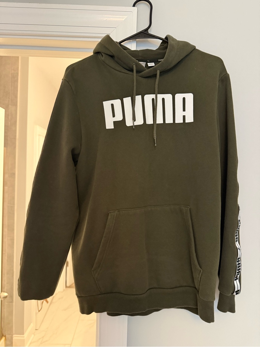 Puma Olive Green Men's Pullover Hoodie with White Logo